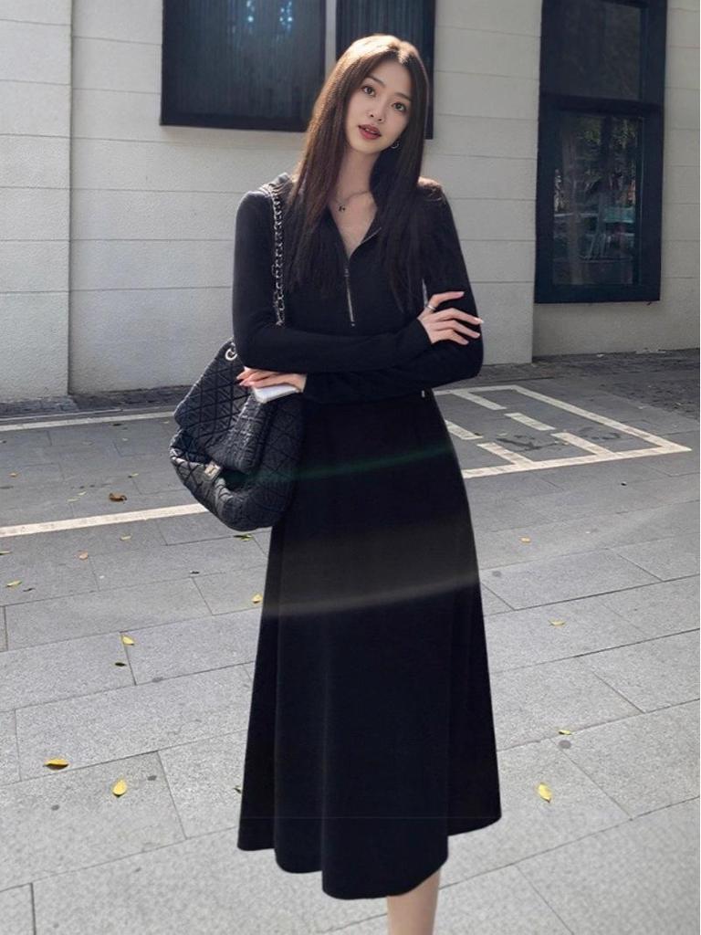 Women's French Chic Gray Hooded Knit Dress - Autumn/Winter Slimming Sweater Long Skirt