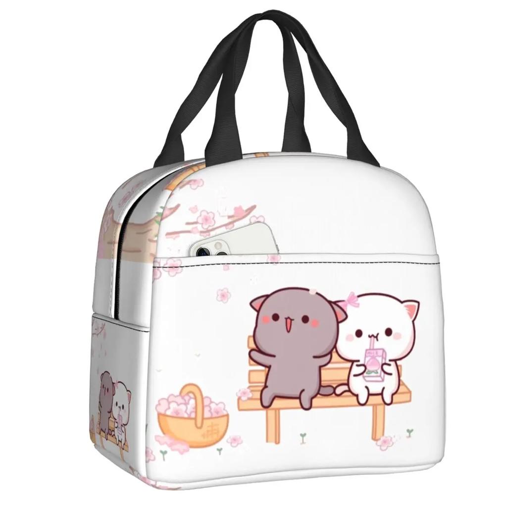 Peach and Goma Insulated Lunch Bags for Work School Picnic Cartoon Mochi Cat Leakproof Cooler Thermal Lunch Box for Women Kids