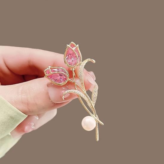 Women Brooch Rhinestone Inlay Imitation Pearl Decor Sparkling Tulip Design Lapel Pin Non-Slip Buckle Scarf Badge Clothing Bags Accessories