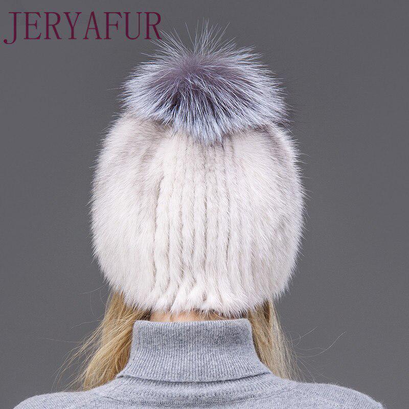 JERYAFUR Módní zimní čepice Teplá dámská pletená čepice Norková čepice s vertikální tkanou liščí bambulí lyžařská čepice