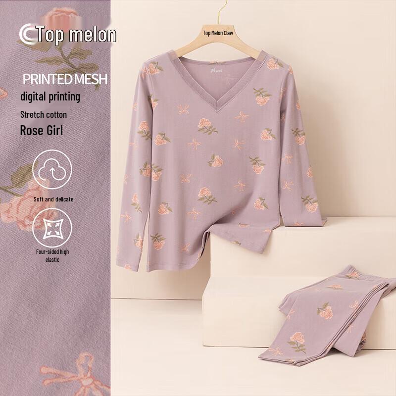 Women's Cotton Floral Print Thin Thermal Underwear Set