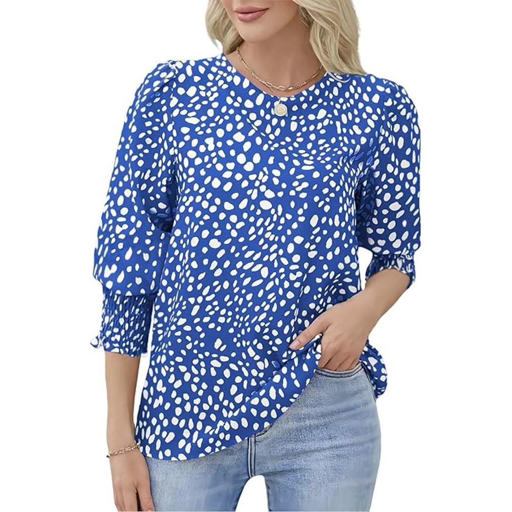 3/4 Sleeve Length Womens Tops Crewneck Loose Fit Polka Dot Blouses Dressy Casual Chiffon Shirts