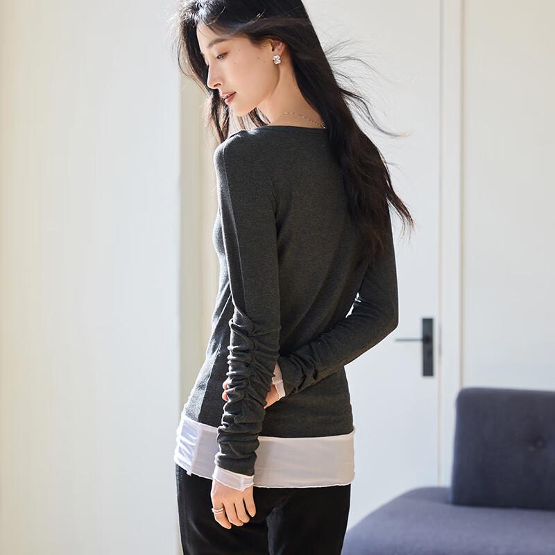 VICTORIA&VERA Women's Pleated Faux Two-Piece Long Sleeve Top