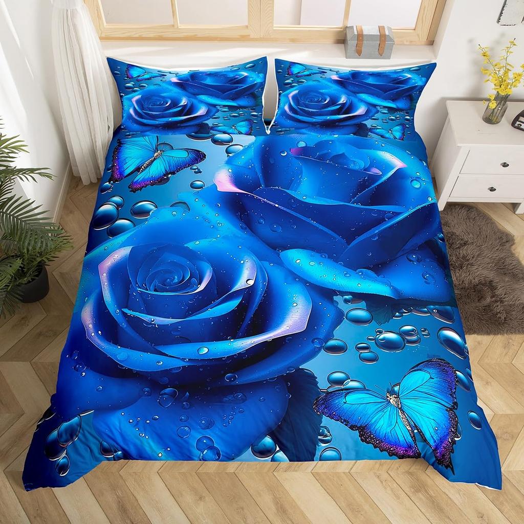 Royal Blue Roses Bedding Set Valentine's Day Flower Duvet Cover Girls Lovers Couple Comforter Cover Floral Polyester Quilt Cover