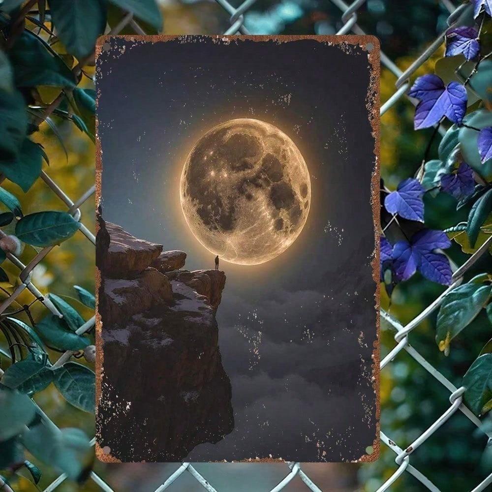 1pc Vintage Moonlit Mountain Tin Sign, Rustic Snowy Cliff Full Moon Wall Art, Retro Decor for Bedroom Cafe Pub