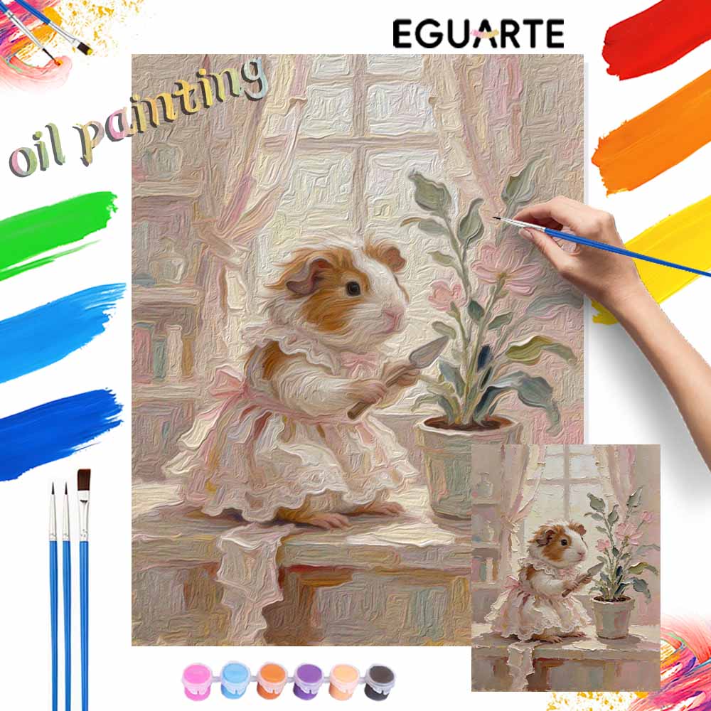 Cute guinea pig with potted plant oil painting kit for DIY painting gifts. living room home wall decoration art.
