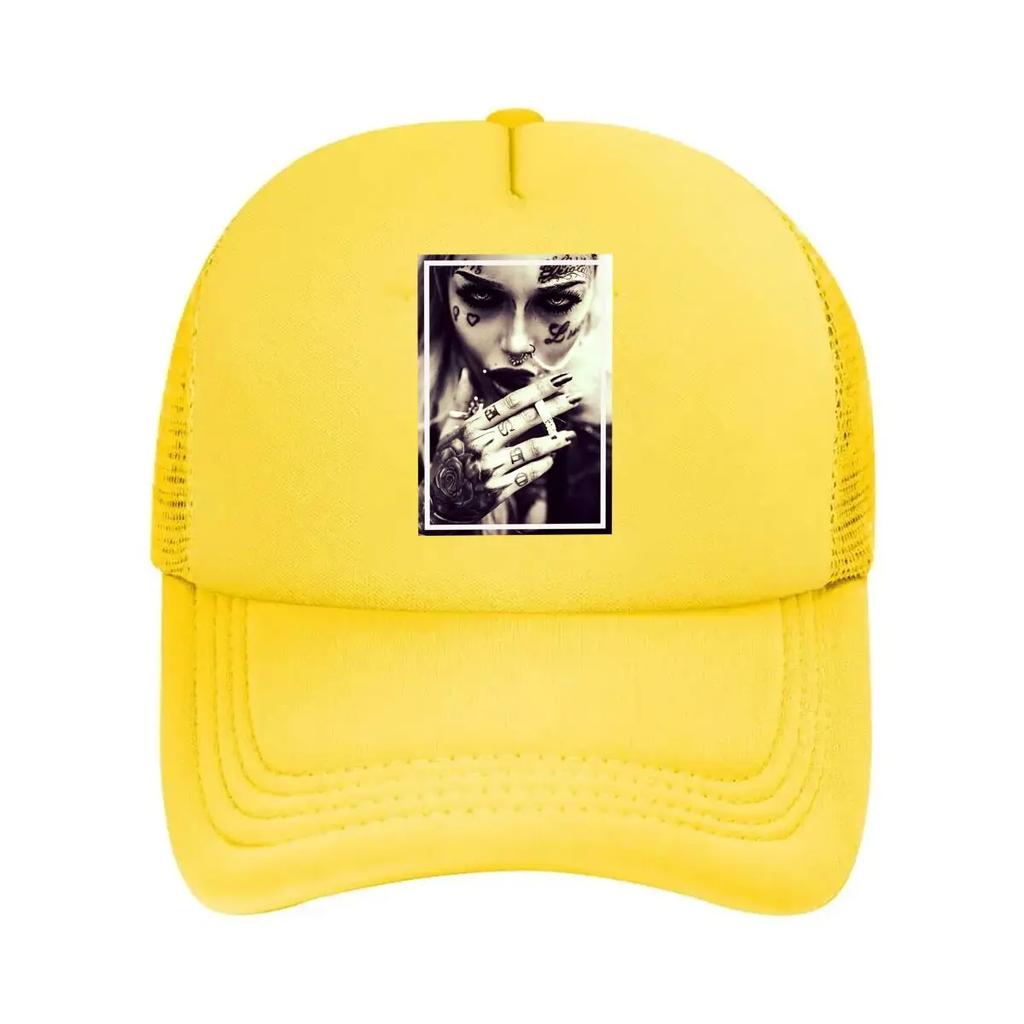 Tattooed Woman Edgy, Monochrome Portrait of Ink - Adorned Figure Mesh Baseball Cap