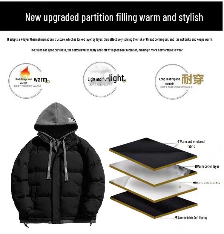 2025 Winter Faux Two-Piece Hooded Cotton Jacket - Unisex Warm, Trendy, Casual Bread Coat