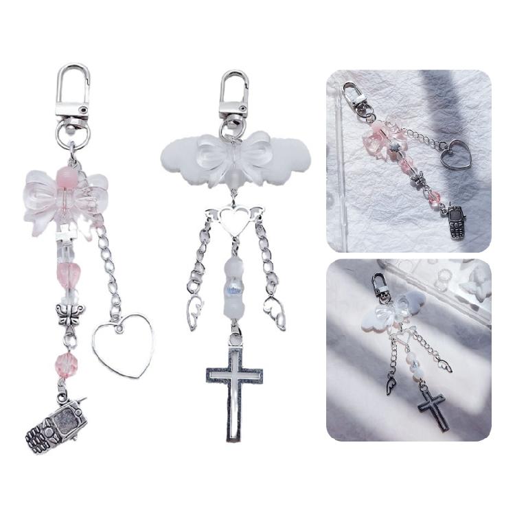 Cross Bowknot Angel Wing Charm Pendant Hanging Decoration for Keys Bag Purse