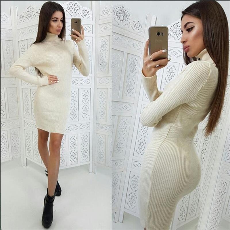 

Осінь-зима, жіноча модна в’язана сукня-светр у рубчик, водолазка з довгим рукавом, еластична, тонка, повсякденна, в’язана, облягаюча сукня-светр L абрикосовий