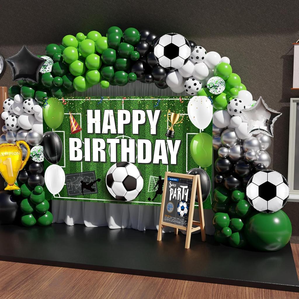Soccer Party Decorations, 158PCS Soccer Birthday Balloon Garland Arch Kit with Large Happy Birthday Backdrop Banner for Soccer Birthday Party