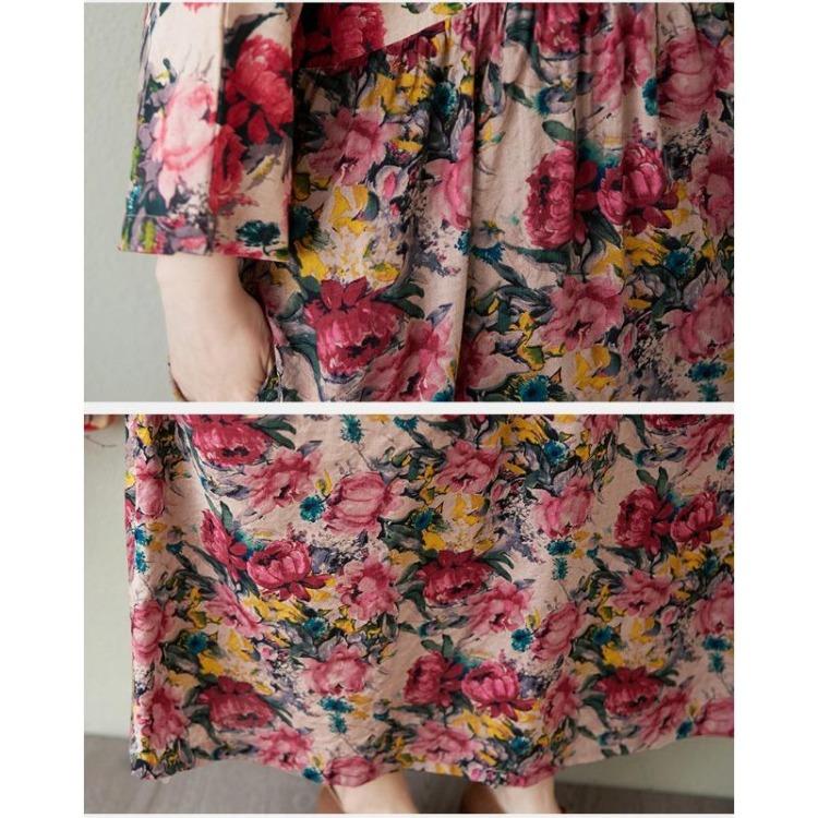 Summer  Vintage Floral Maxi Dress Women Plus Size Casual Loose Long Hooded Pleated Basic Dress