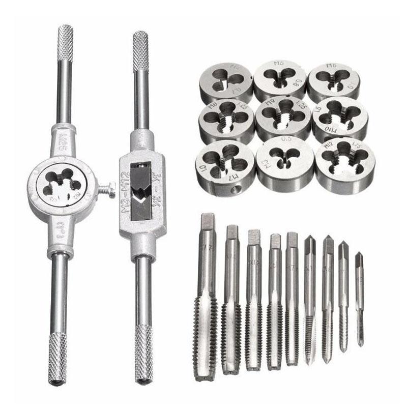 Jeu de Tarauds et Filières Multifonction 12/20 Pièces M3-M12 Métrique Bouchons de Filetage Vis à Main Tarauds Droits Coniques Outils de Taraudage et de Filetage