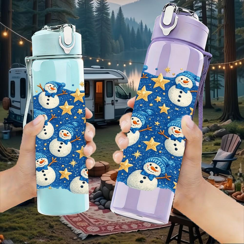 1PC Blue Base White Snowman Repeat Print 750ml Color Plastic Sports Water Bottle Leakproof Flip Straw Lid Suitable for Sports Office Home Use