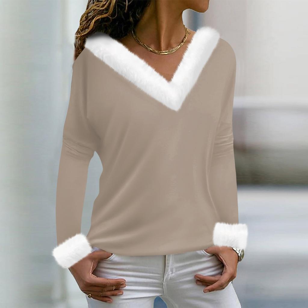 Damen T-Shirt Tee Print Shirt Langarm Party Fleece Kragen V-Ausschnitt Top