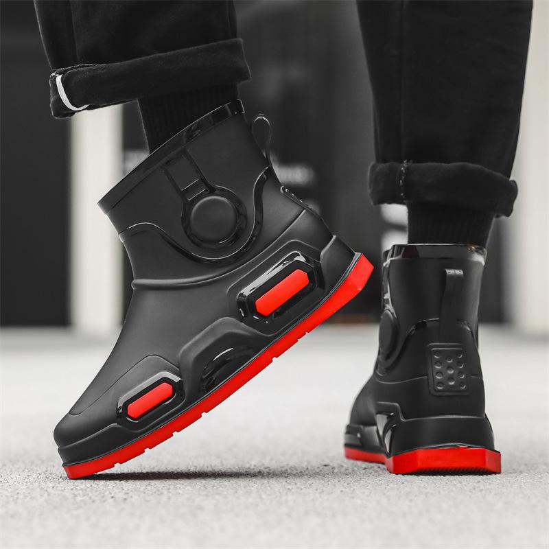 Rain Shoes Men's New Non-slip Waterproof Fashion Short Water Shoes Fleece Thermal Rubber Shoes Bundle Mouth Rain Boots Drawstring Water Boots