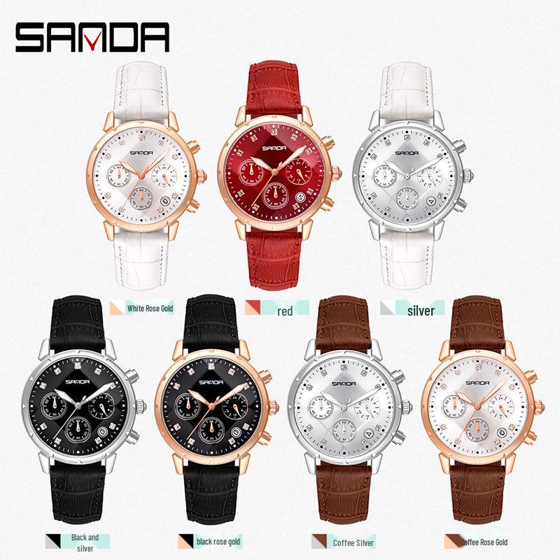 Sanda Women's Trendy Korean Style Casual Watch with Small Seconds, Inlaid Diamonds, and Waterproof Leather Strap
