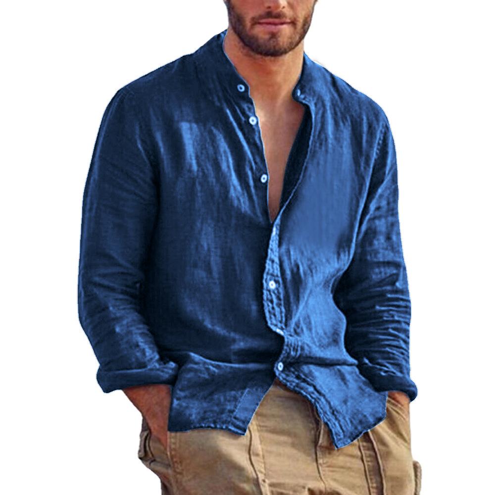 Camisa Nueva de Manga Larga para Hombre de Color Sólido Camisas de Lino Algodón Tendencia Talla Grande Cuello Mao Casual Ligera Tops de Playa