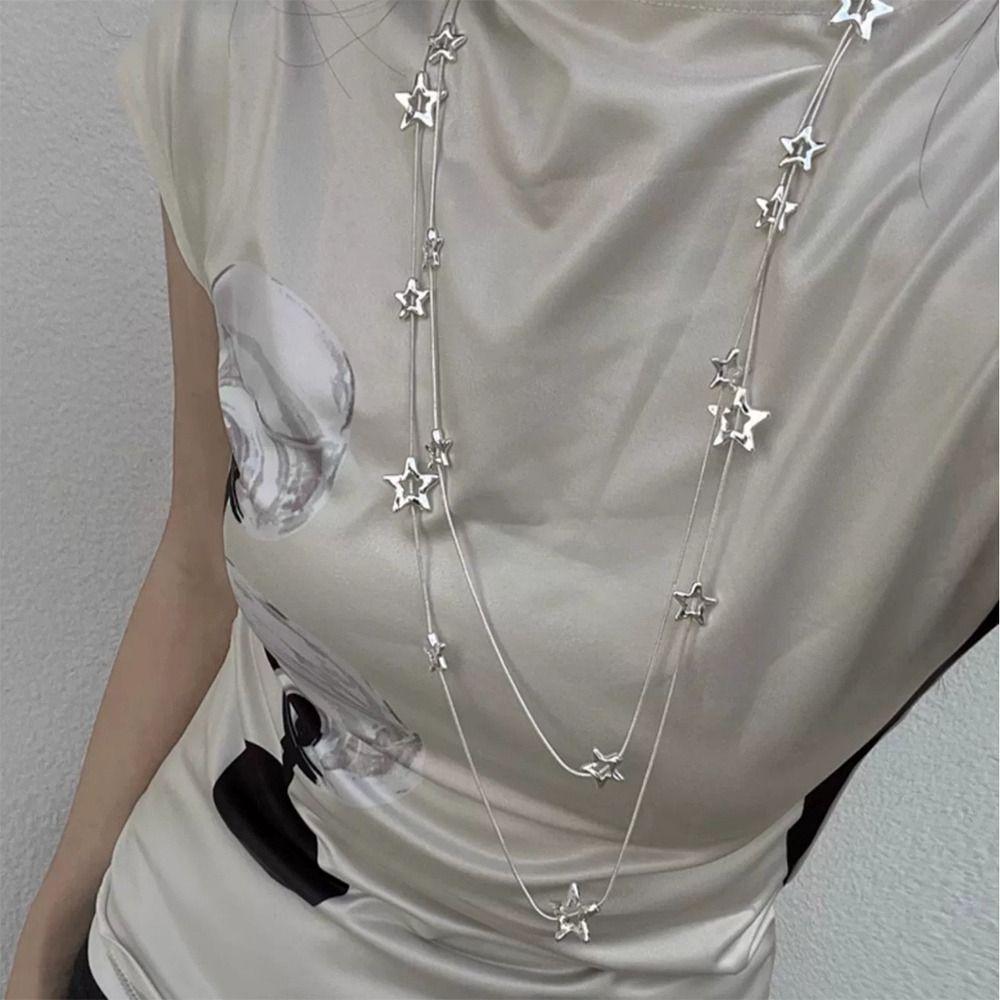 New Alloy Pentagram Star Pendant Silver Color Punk Long Chain Necklace Double Layer Y2K Style Choker