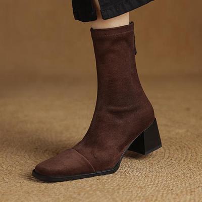 Flock Autumn Winter Shoes Chunky Heels Stretch Boots Platform Square Toe Keep Warm Ankle Boots