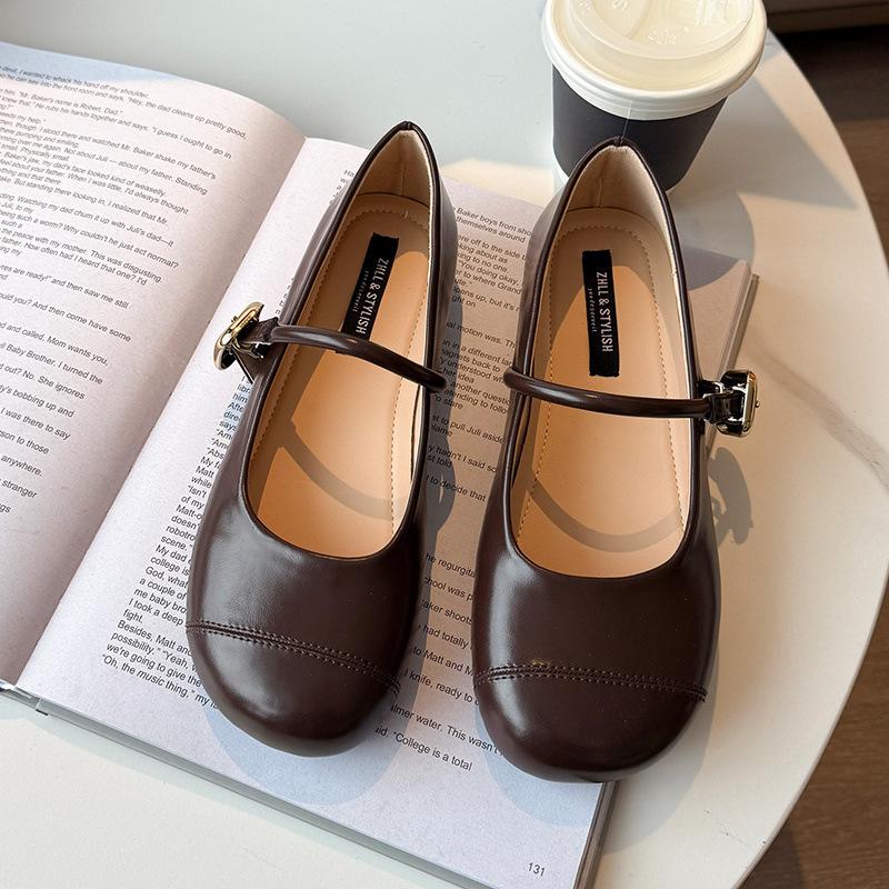 

-0 Spring Mary Jane shoes shallow mouth one-word buckle retro round head flat shoes fattened and widened large size women s shoes 35 коричневый