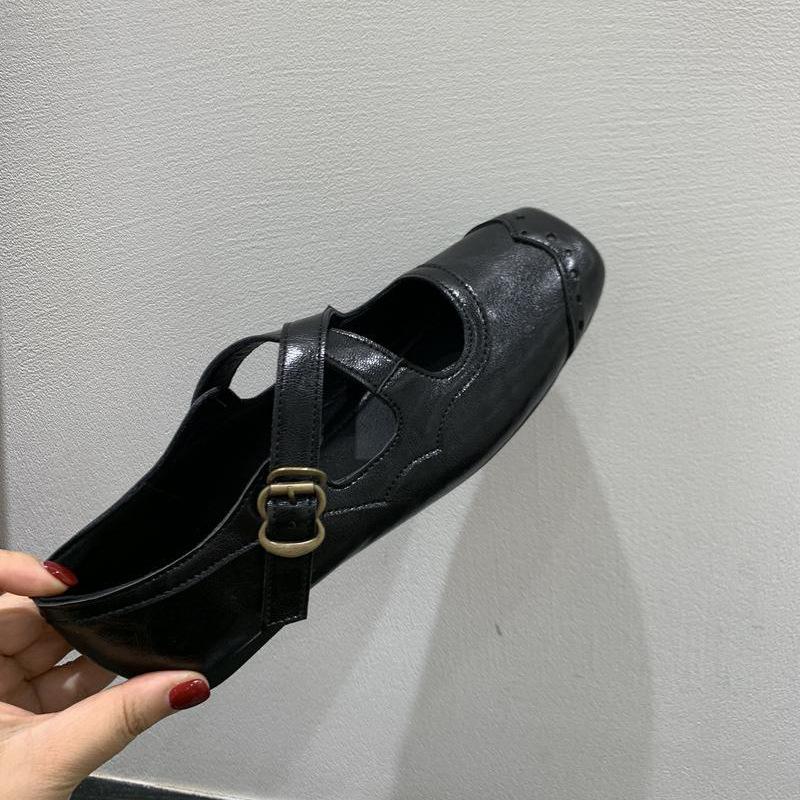 

Ретро квадратный носок замшевые туфли с открытым подъемом женские осенние новые корейская версия с перекрестным ремешком балетки на плоской подошве Мэри Джейн 40 чёрный