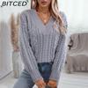 BITCED Autumn/Winter Women's Knitted Sweater Loose-fit Pullover Retro Cable-knit V-neck Long-sleeved Solid-colour Jumper