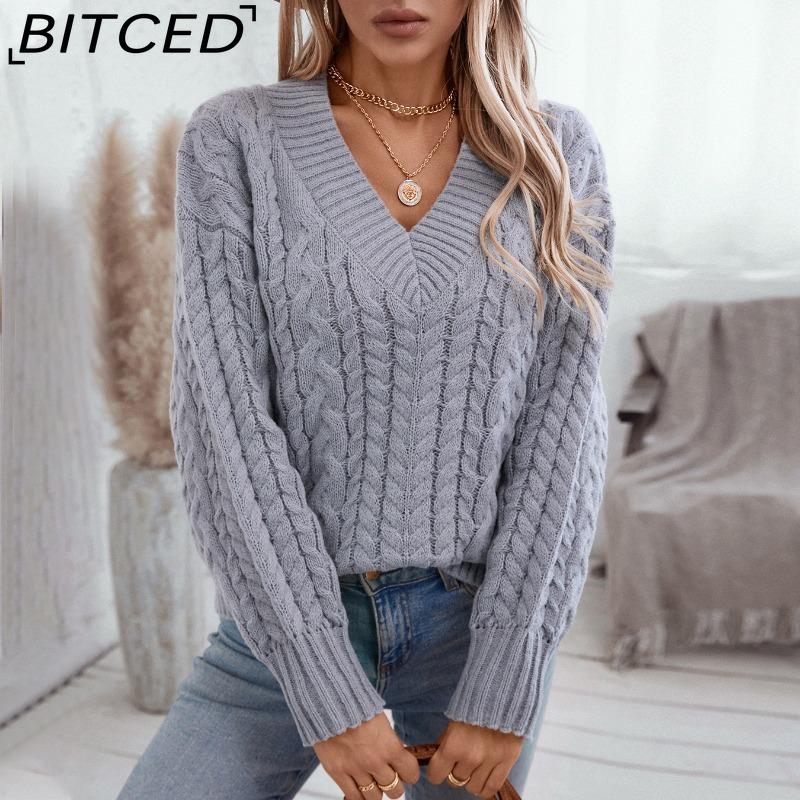 BITCED Autumn/Winter Women's Knitted Sweater Loose-fit Pullover Retro Cable-knit V-neck Long-sleeved Solid-colour Jumper