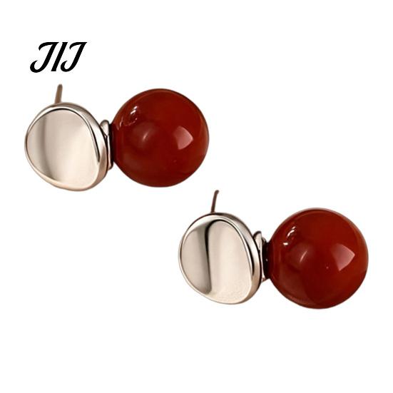 Lightweight Drop Earrings 1 Pair Red Bead Round Stud Earrings, Minimalist Light Luxury Trendy Copper for Women, Polished Silver Disc Jewelry