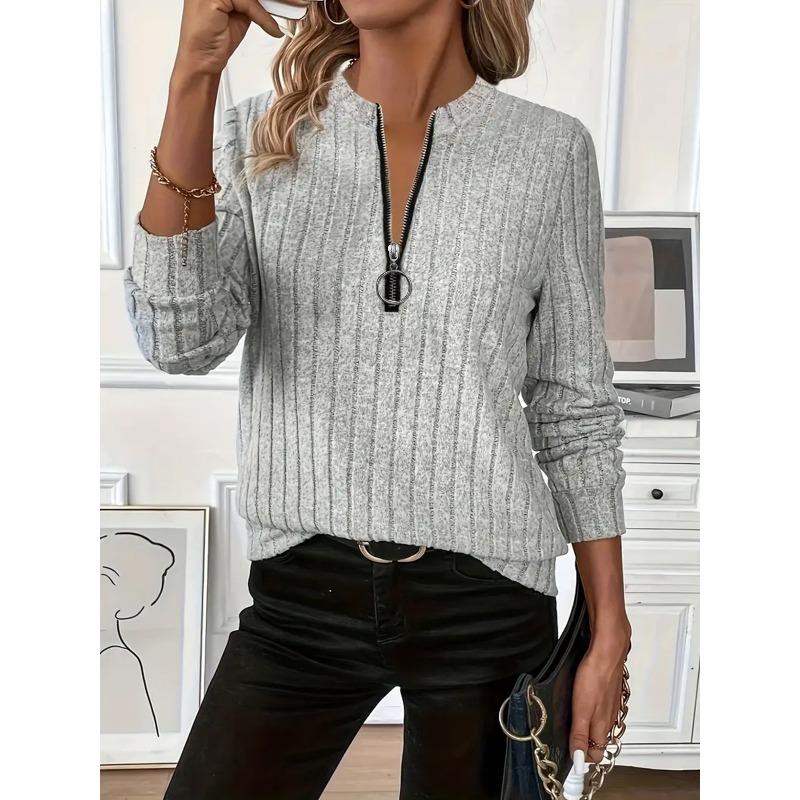 

Женский элегантный свитер на молнии, с длинным рукавом, круглым вырезом, однотонный пуловер, офисный и повседневный свитер, повседневный комфортный топ L серый