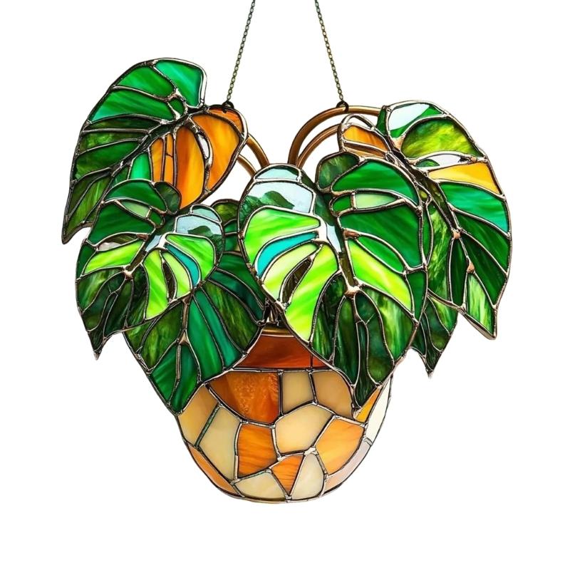 652F Stained Glass Window Hanging Birds Sunflowers Sun Catcher for Window Door Home Decors Fake Green Plant Suncatchers