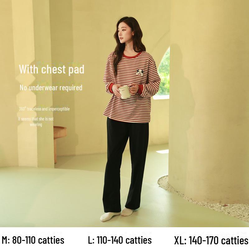 Women's Pure Cotton Long-Sleeve Pajama Set with Chest Pads - Large Size, Spring/Autumn 2025