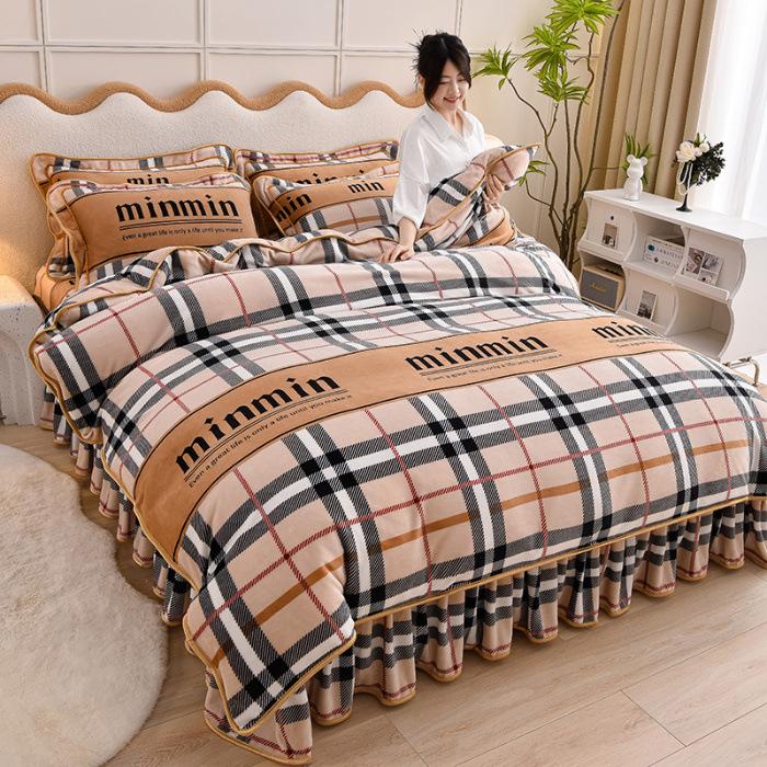 Thickened Milk Fleece Four-Piece Warm Double-Sided Coral Fleece Quilt Cover Flannel Sheet Bed Skirt Bedding