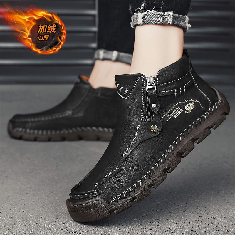 Retro Herrenstiefel Handgefertigte Leder-Knöchelstiefel Herren Handgenähte Stiefel Für Mann Herbst Winter Outdoor Rutschfest Warm Reißverschlussstiefel