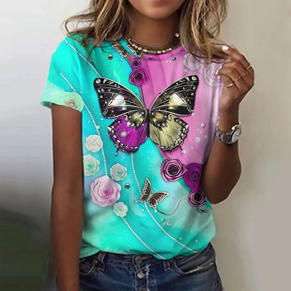 Top Women's Harajuku Short Sleeve 3D T-shirt Women's Butterfly Printed T-shirt