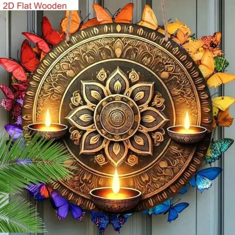 Flat Traditional Oil Lamp Diwali Metal Sign Wall Art for Home Decor