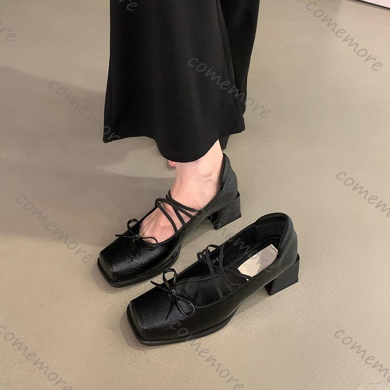 Feiern Sie Französisch Quadratische Spitze Leder Ballett Einzelne Schuhe Schwarz Dicke Hohe Absätze Schleife Flacher Ausschnitt Retro Pumps Mary Jane Schuhe