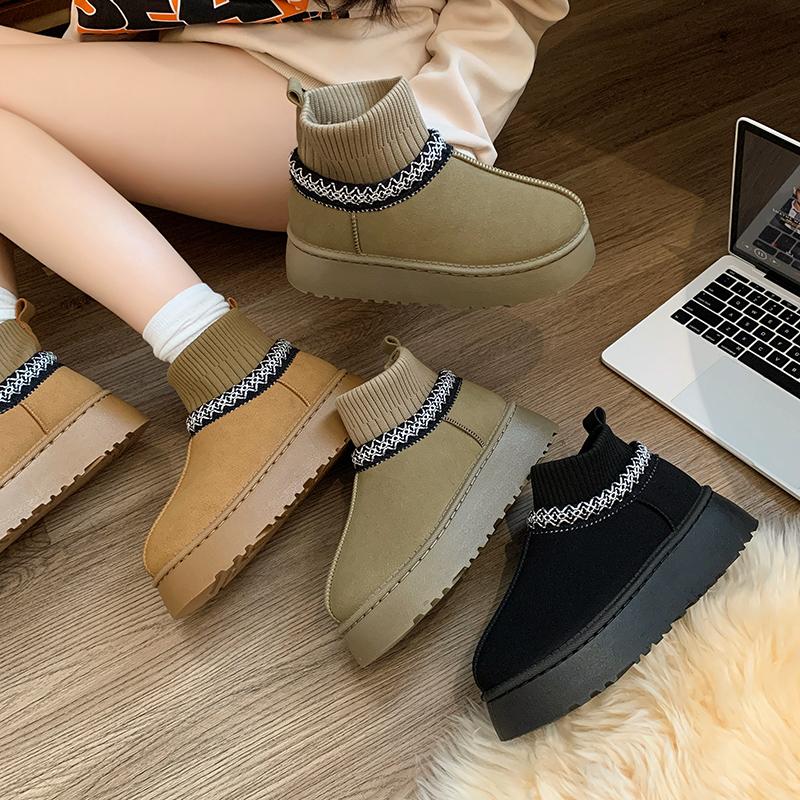 Fashion Women's Knitted Snow Boots 2024 New Winter Plus Fleece Thick Warm Slip-on Korean Version of Casual Thick Soled Cotton Shoes