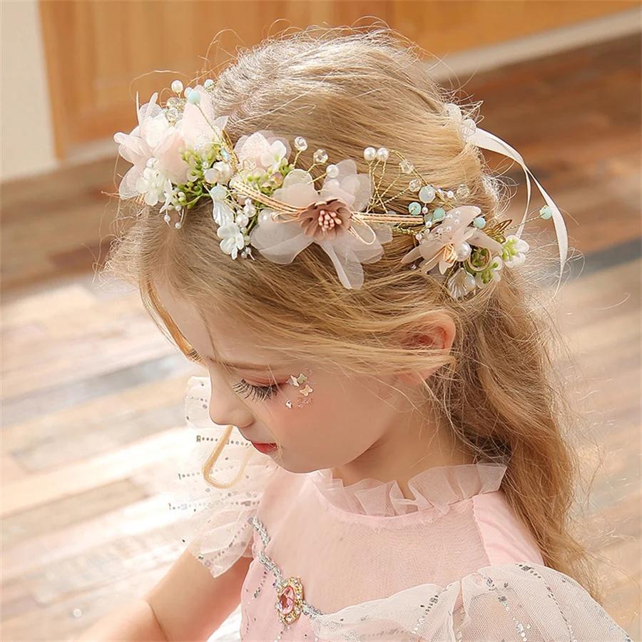 Korean Fashion Imitated Pearl Crowns Girls Bridal Wedding Headband Floral Flower Headband for Girls Adult Hair Accessories