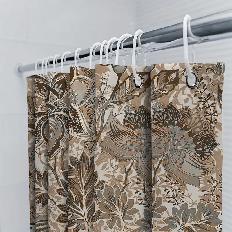 Luxury Floral Print Shower Curtain Waterproof Fabric, Neutral Color Matching Bath Decor For Bathroom Decorations Various Sizes A