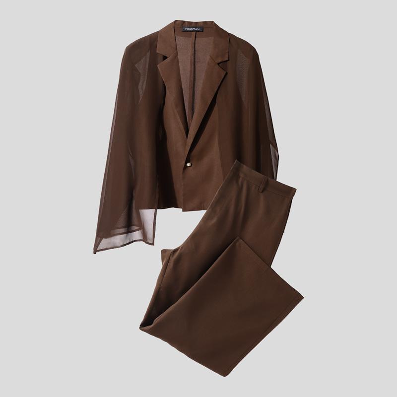 

INCERUN 2 шт. Мужские комплекты Топы без рукавов из прозрачной сетки с имитацией двухслойности и длинные брюки Повседневные костюмы 5XL коричневый