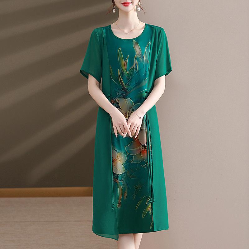 

Chiffon Floral Qipao Dress for Middle-aged Women - Chinese Style Summer Slimming Skirt L [up to 52.5 kg] світло-зелений колір