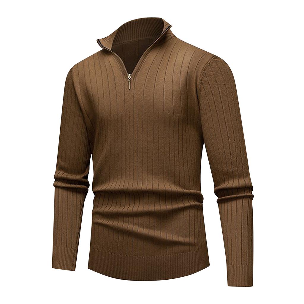 Men's Solid Color Knitted Zipper Stand Collar Long Sleeve Top Men's Casual Fashion Long Sleeve Top