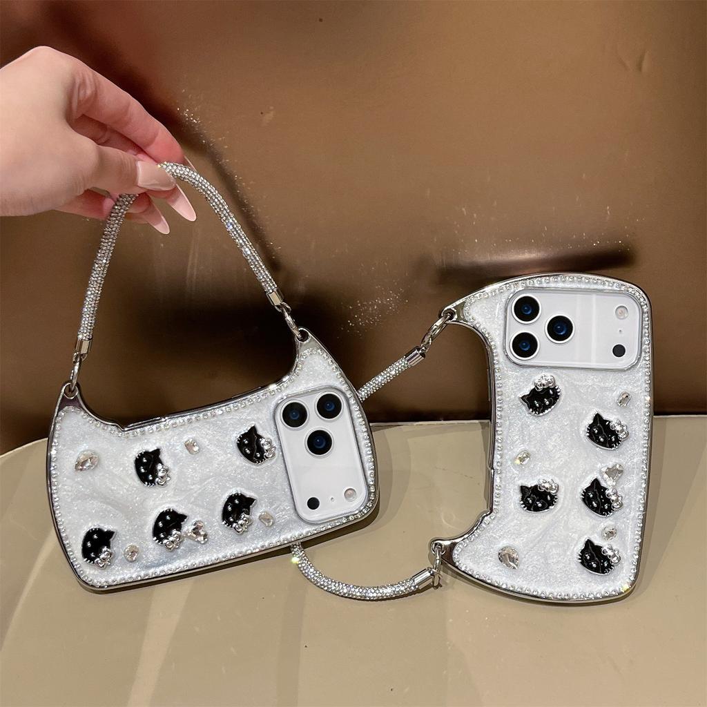 Husă de umăr cu cristal și pisoi 3D pentru seria iPhone 12-17 — Curea reglabilă sclipitoare, Design de lux
