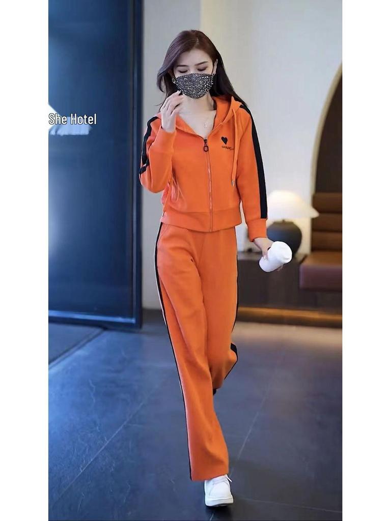 Damski wiosenny zestaw dwuczęściowy bluza z kapturem i spodnie z szerokimi nogawkami do biegania