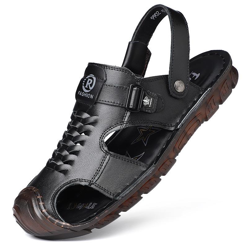 

2025 summer new beach shoes first layer cowhide men s sandals genuine leather bag head leather shoes cowhide sole non-slip cool slippers 44