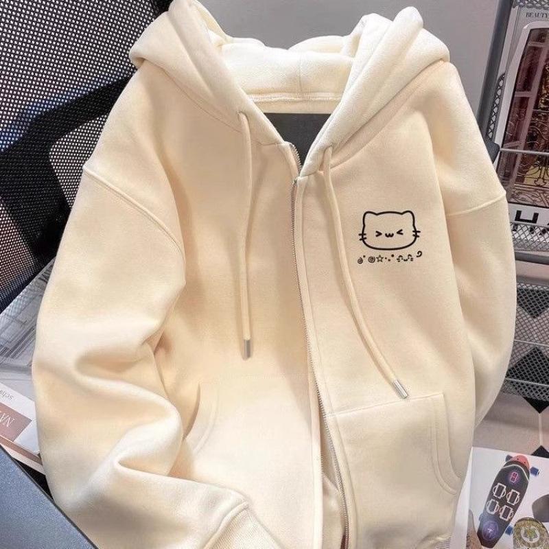 Velvet Cat Print Zipper Hoodie - Unisex Autumn/Winter Design for Middle School Students