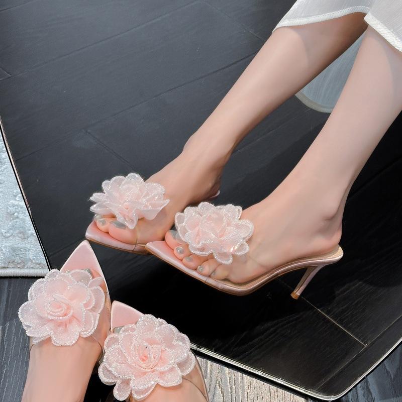 Original Haze Blue Rhinestone Flowers, Seaside Vacation Wind, Summer Pointed Toes, High-heeled Slippers