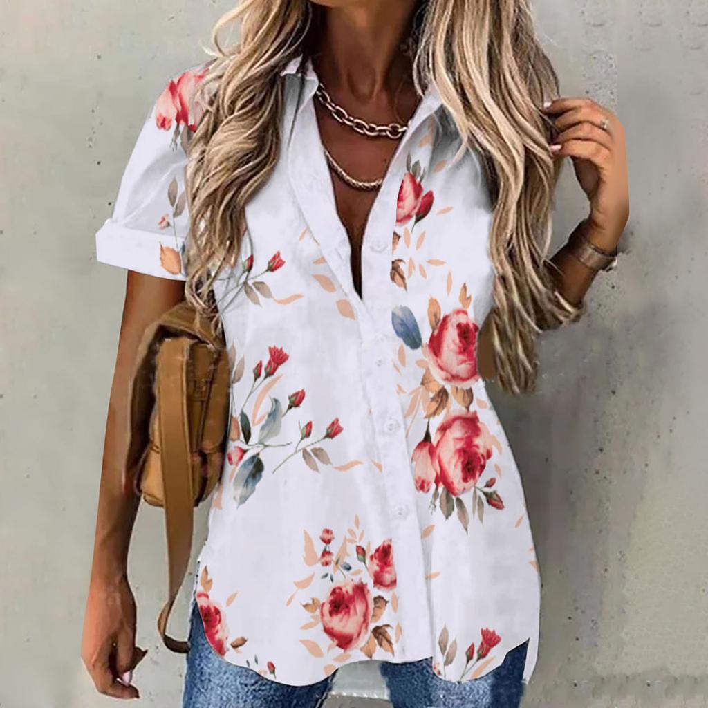 Women's Fashion Casual Summer 2022 Short Sleeve Button Print Tops Blouse