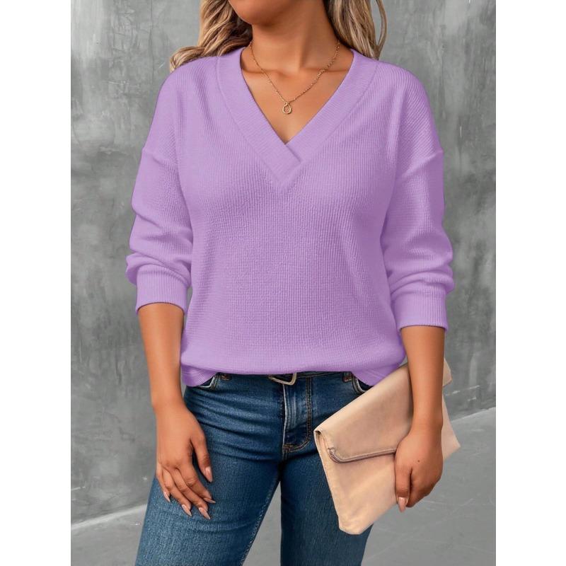 JPNTKY Women's Fashion Casual Solid Color Print V-Neck Long Sleeve Blouses & Shirts